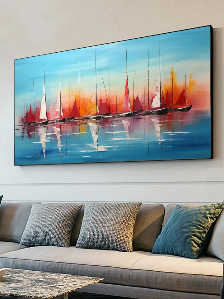 Original Sailboats Painting on Canvas, Large Wall Art, Abstract Colorful Painting, Ocean Art, Living room Wall Decor, Custom Painting