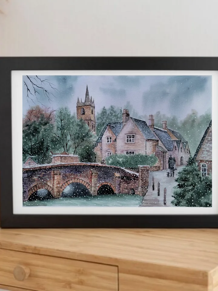 Winter Landscape Painting Original Watercolor Artwork Castle Combe Village Art 11.81x15.75 in by Art Café