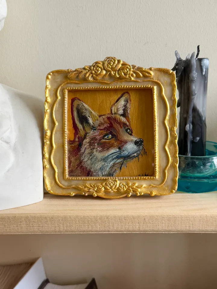 Fox Oil Painting Original In Vintage Style Frame Small Framed Animals Wildlife Art