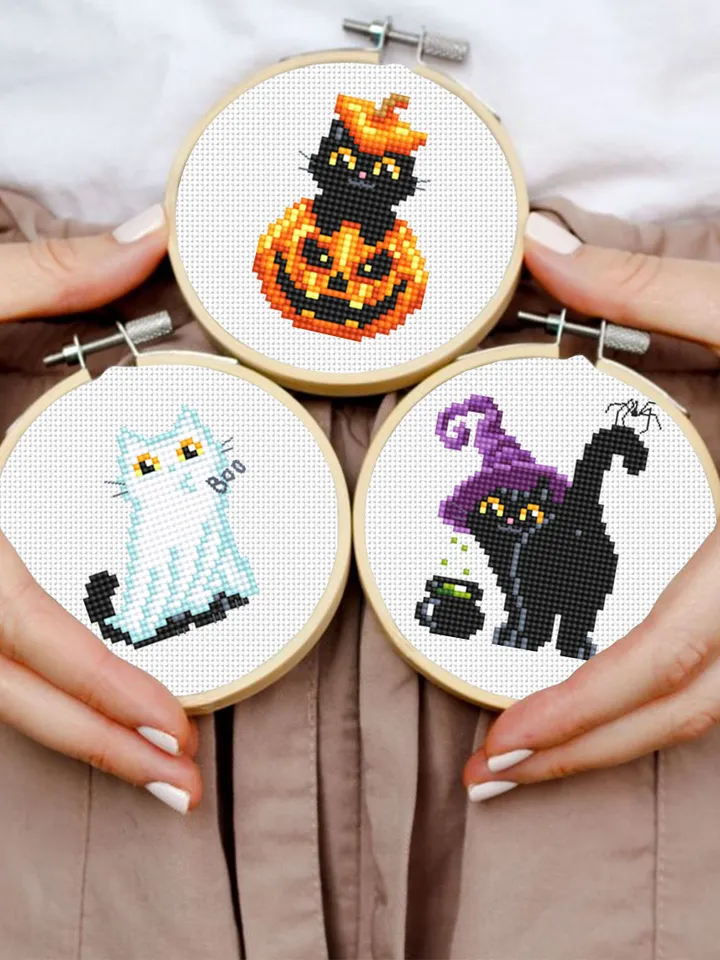 Set Halloween cats cross stitch pattern PDF download Cute black cat embroidery PDF, Ghost cat cross stitch chart, Funny home cat decor #H63