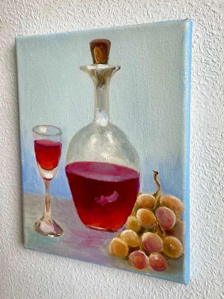 Wine Decanter Painting Grape Fruit Original Oil Painting on Canvas, Wine Glass Still Life Painting 10" x 8"