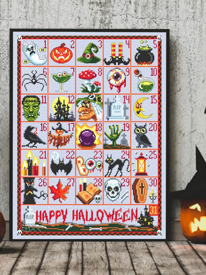 Halloween advent calendar cross stitch pattern PDF download Spooky cross stitch chart, Halloween pattern digital PDF Countdown calendar #H24