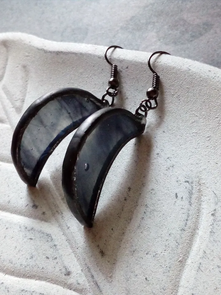 Glass crescent earrings, Black crecsent, Witchy goth aesthetic, Witch earrings, Tin soldered moon earrings