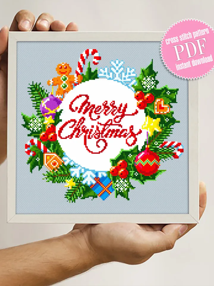 Merry Christmas cross stitch pattern download PDF Winter wreath cross stitch chart Christmas pattern digital Holiday embroidery PDF #N21