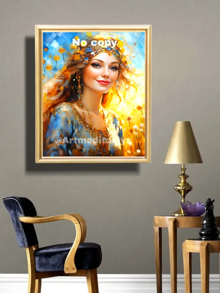 Digital abstract modern painting "Yellow Summer", a blue-eyed Slavic woman with wavy red hair in ethnic gold jewelry" on an abstract yellow-blue background of a summer landscape with dandelions, hair decorated with a bandage in the style of pasty oil pain