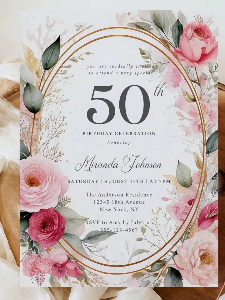 50th Birthday Invitation for Women – Blush Pink & Gold Floral, Elegant Printable Party Invite for Women or Mother, Digital Canva Template