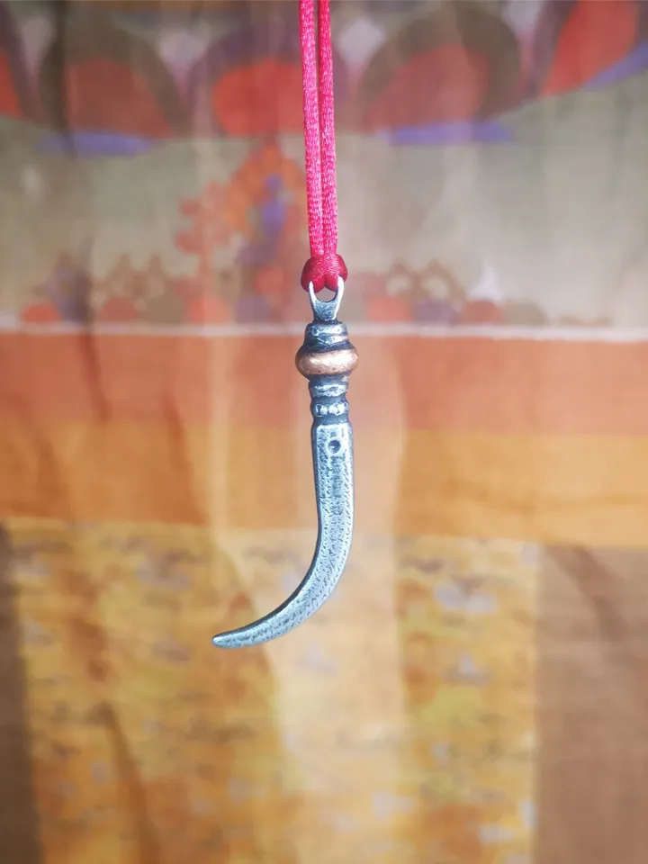 Gandhanra Handmade Tibetan Amulet ,Wolf Tooth Pendant with Leather Cord,Made of Cold Iron inlaid Copper,1.77&quot;