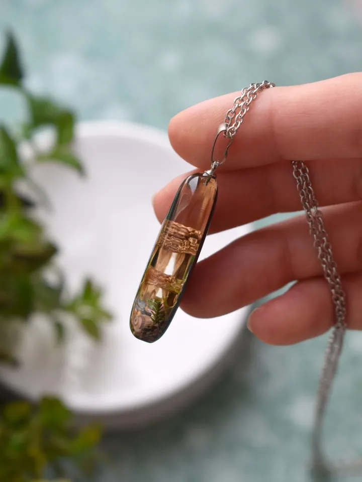 Real mushroom necklace. Pendant with a forest composition. Necklace with dried mushrooms in resin.
