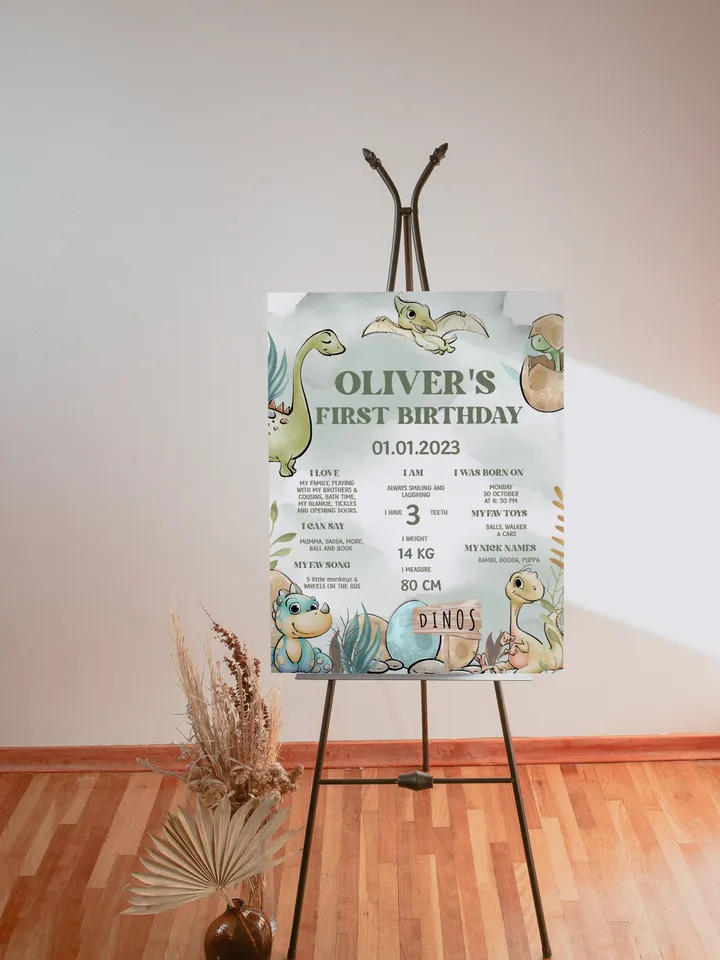 Editable Milestone Board Dinosaur First Birthday party banner; Dinosaur Party; Dino Party Birthday Template Instant Download; di1
