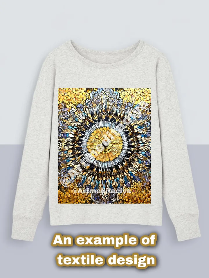 Modern digital abstract energy painting "Mandala of Harmony" abstract panel in bronze-gold shade with gray-blue, silver, black inclusions in the style of zenart, pointillism, interior painting