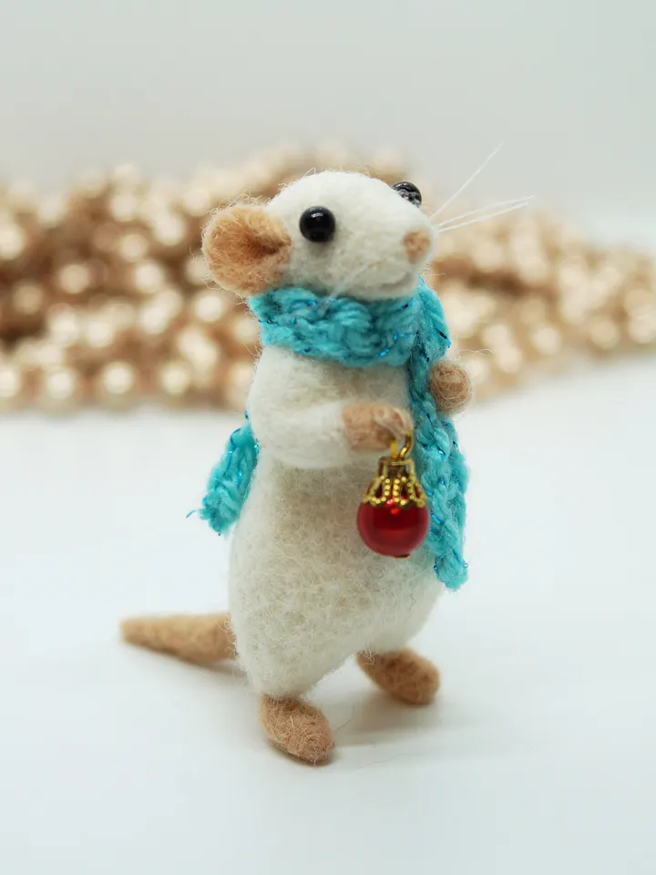 William the mouse, miniature needle felted mouse in a blue scarf, Christmas gift, made to order