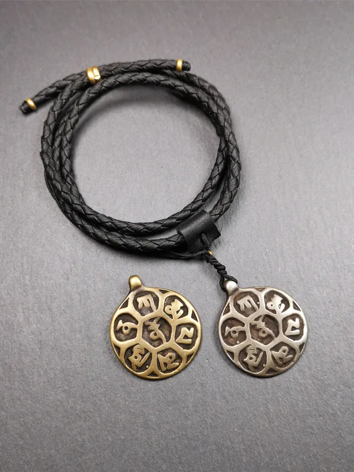 Gandhanra Handmade Tibetan Buddhist Amulet,Om Badge Pendant, Mantra of Om Mani Padme Hum, Made of Brass,1.26"
