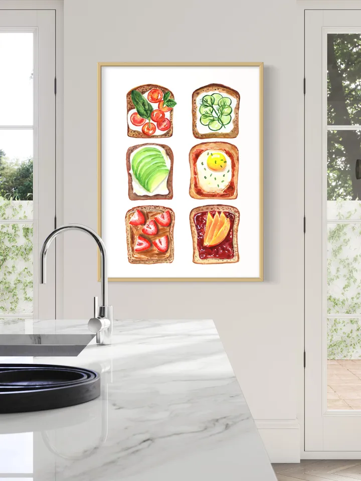 Food Poster Watercolor Painting Breakfast Art Print Kitchen Wall Decor Pop Food Art Avocado Toast Print Egg Wall Art Funny Gift Food Art
