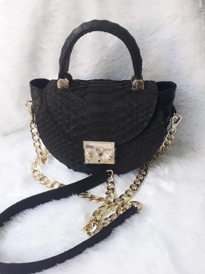 Genuine Python Skin Crosshandle Elegant Black Bag | Exotic Leather Bags | Designer Bags | Handmade Chain Crossbody Handle Women Classy Purse