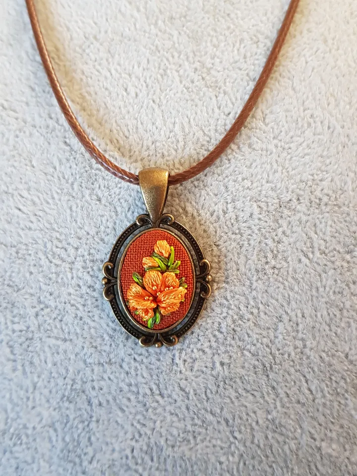 Ribbon embroidered pendant for her, yellow flower jewelry embroidery