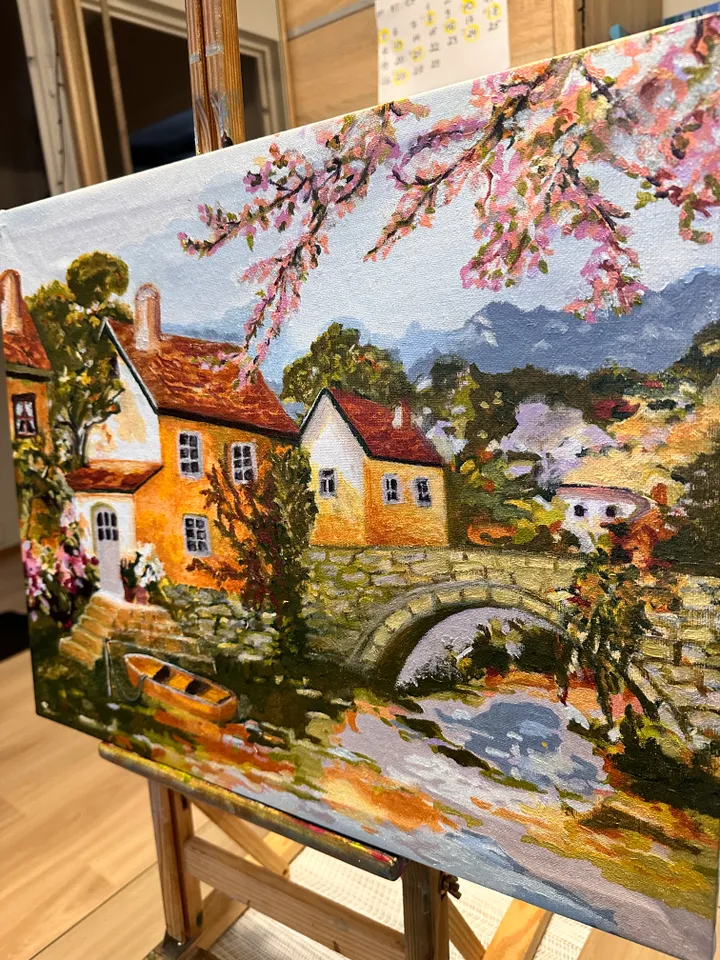 Oil Painting A Quiet Corner of Old Europe Cityscape Old Town River Embankment Stretched Canvas 40x50 cm 16x20 inches Wall Decor Gift for the Occasion