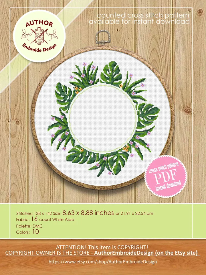 Monstera leaf wreath cross stitch pattern download PDF Greenery frame cross stitch chart, Monstera decor Hoop art design, Your text here #Y3
