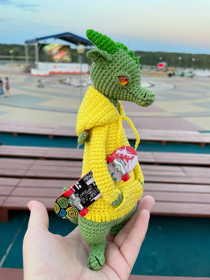 Realistic stuffed figurine dragon in hoodie gift idea for New Year, crochet art doll, exclusive handmade toys