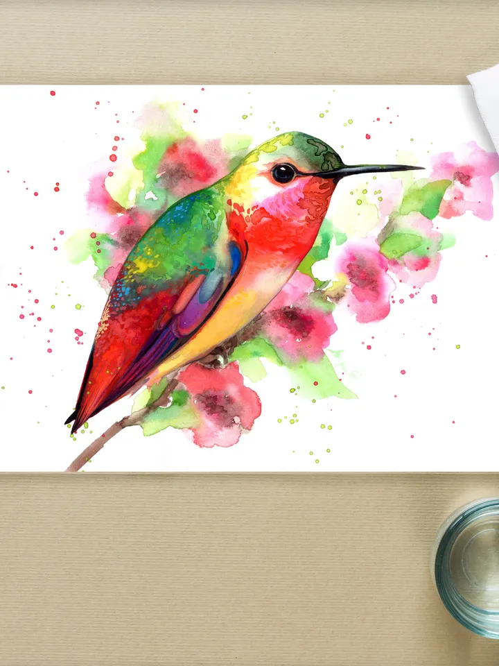 Hummingbird original watercolor, bird on the branch flowers painting, colibri portrait room decor, 8x11 in wall art for bird lovers handmade by Anne Gorywine