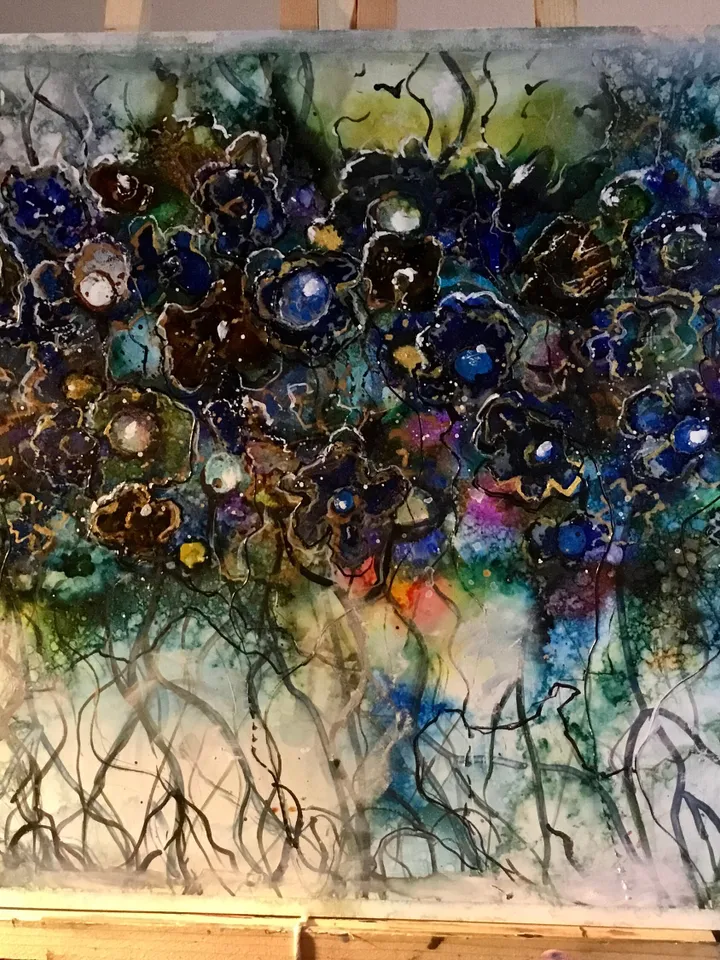 Dancing forest-Abstract fantasy alcohol inks mix media painting on yupo paper,wall decoration,one of a kind,abstract flower wood unique gift