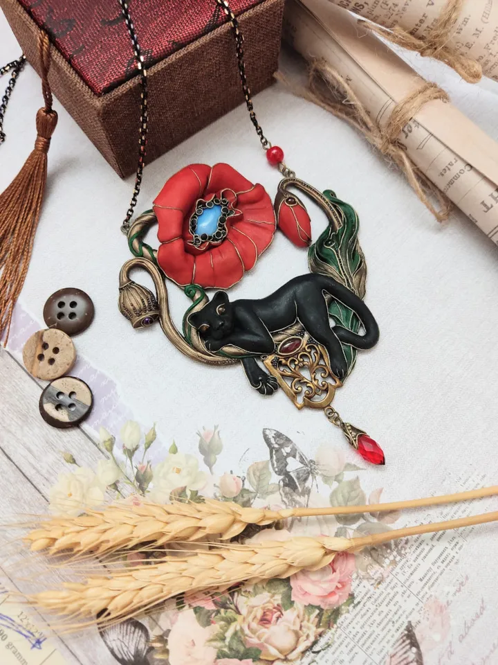 Poppy red necklace, Poppy pendant, Panther necklace, Black Panther, Panther pendant