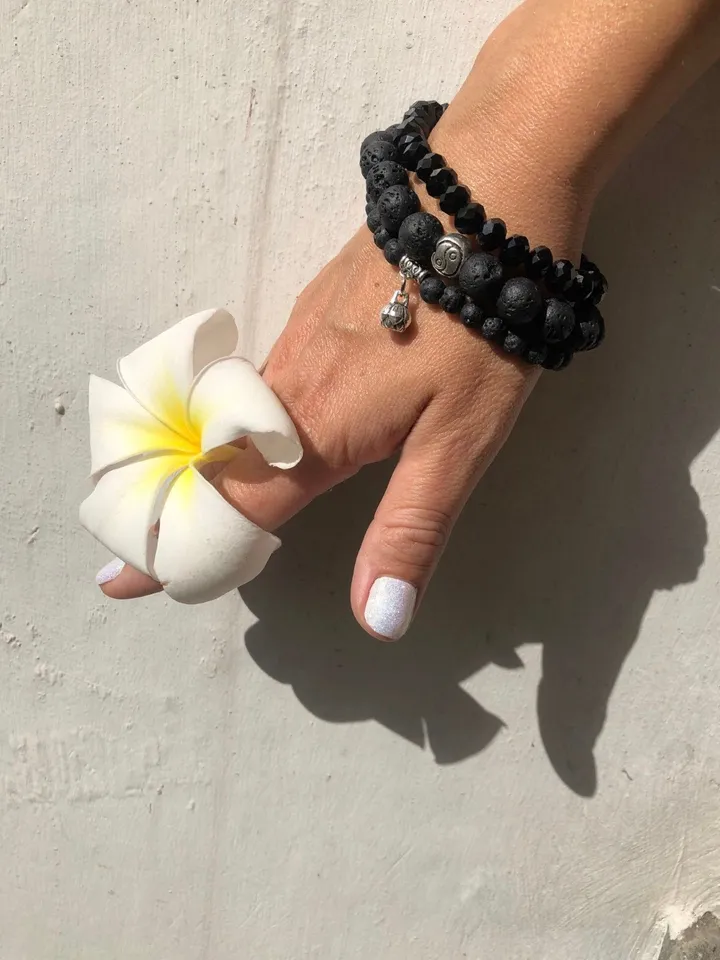 Bracelet Set Women | Set Of Three Genuine Lava Stone and Crystal Handmade Bracelet | Black Bracelet Set | Gemstone Bracelet | Aroma Bracelet