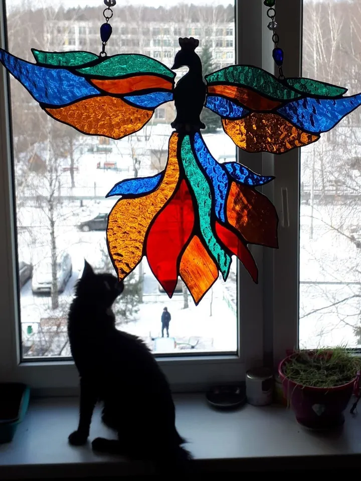Stained Glass Art: Bird of Paradise, Stained Glass Paradise Bird, Fantasy Phoenix Stained Glass, Mystical Peacock Suncatcher, Stained Glass Firebird, Enchanted Bird of Happiness, Vibrant Stained Glass Bird, Celestial Stained Glass Bird