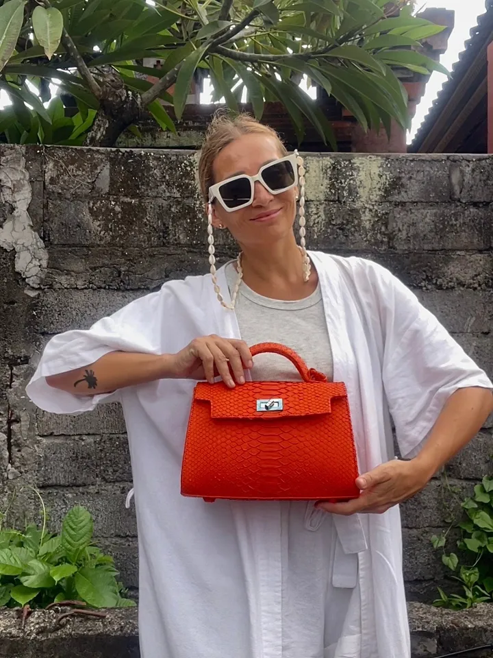 Top handle orange classy genuine python skin bag | exotic leather bags | Elegant women purse | snake skin bag | designer leather bag