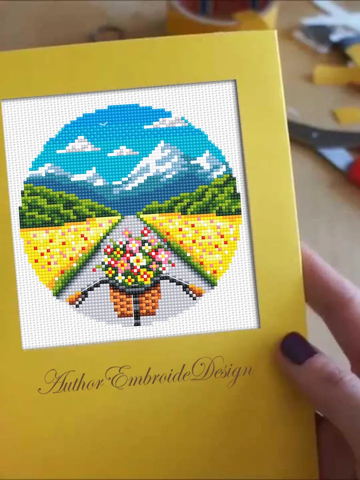 Bicycle with flowers cross stitch pattern PDF download Mountain landscape cross stitch chart Nature pattern digital, Flower basket bike #L13