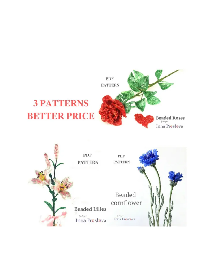Beaded rose, lily, cornflower | Beaded Flowers pattern  | Seed bead patterns | Beadwork pattern