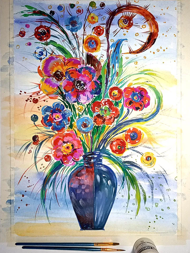 Kandinsky Flowers Style Abstract Original Art Floral Painting Watercolor Art 16 by 11 Above Bed Art by TatianaArtShop