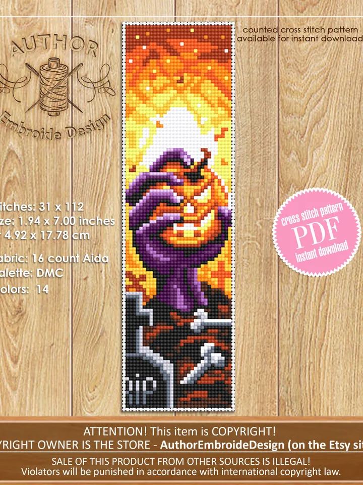 Halloween bookmark set cross stitch pattern PDF download Halloween pumpkin cross stitch, Bookmark pattern digital PDF, Black cat, Bat #B235