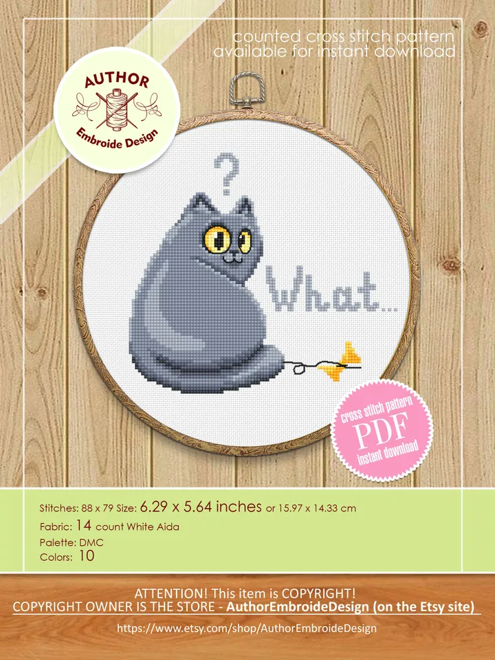 What? Cat cross stitch pattern PDF download Funny cat embroidery, Cute cat pattern digital PDF, Small cross stitch chart Cat lover gift #K26