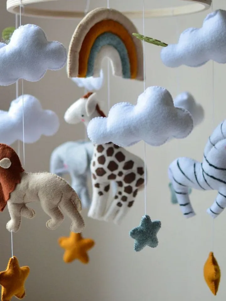 Hand sewn Safari baby mobile for nursery decor with Jungle animals