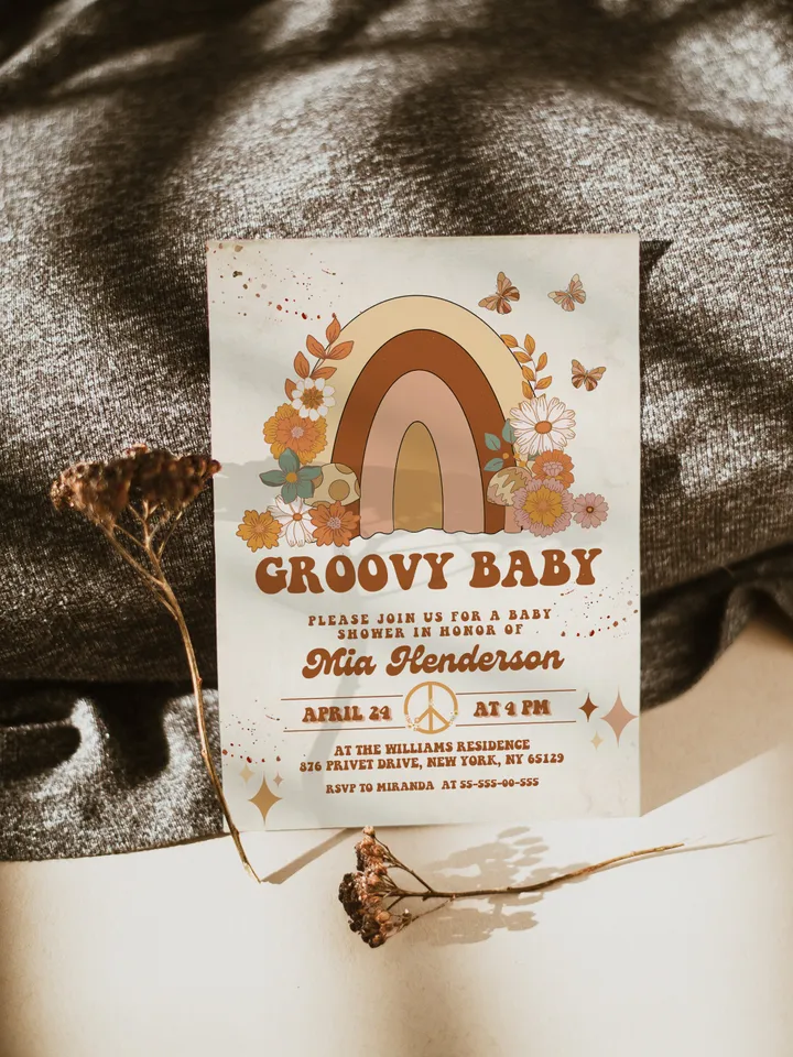 Groovy Baby Shower Invitation; Neutral Boho Groovy Baby Shower Template; Retro 70 80 Baby Shower Invite; Daisy Hippie Bohemian Cutie Retro