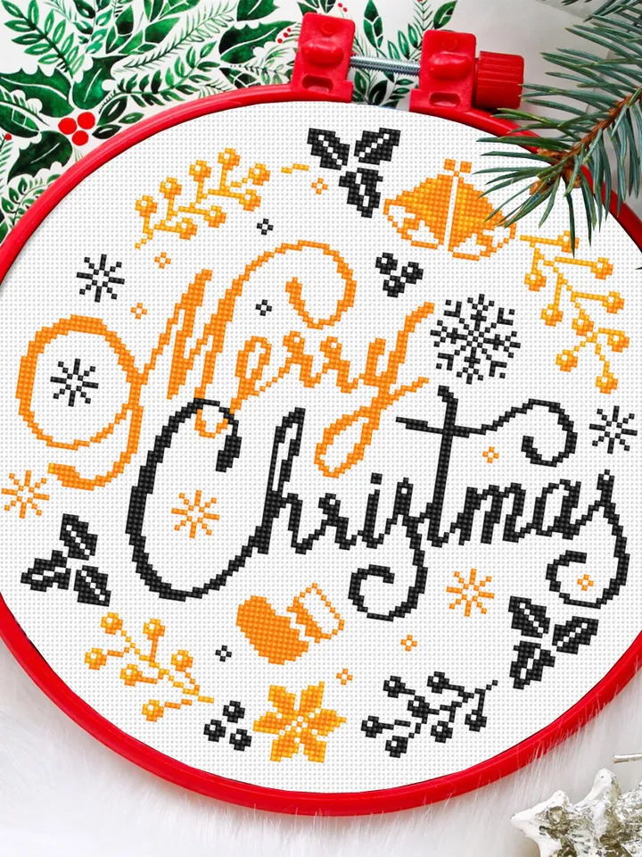 Merry Christmas cross stitch pattern download PDF Winter holiday cross stitch Round christmas ornament stitch chart DIY Christmas decor #N33