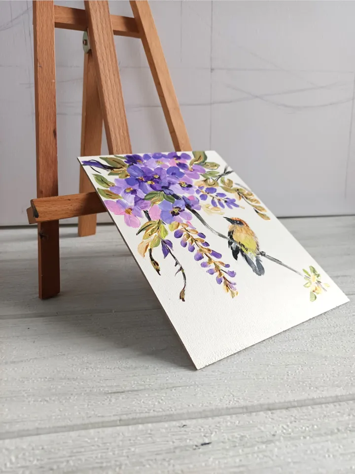 Painting"Forest Bird and wisteria"/Cardboard 6" x 8". Acrylic. Author's work.