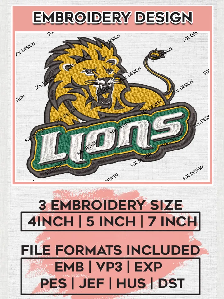 NCAA Lions Football Team Mascot Logo Embroidery Design Files, NCAA SE Louisiana Lions Machine Embroidery, NCAA Teams, Game Day, 3 sizes, NCAA Machine embroidery designs, Digital Download