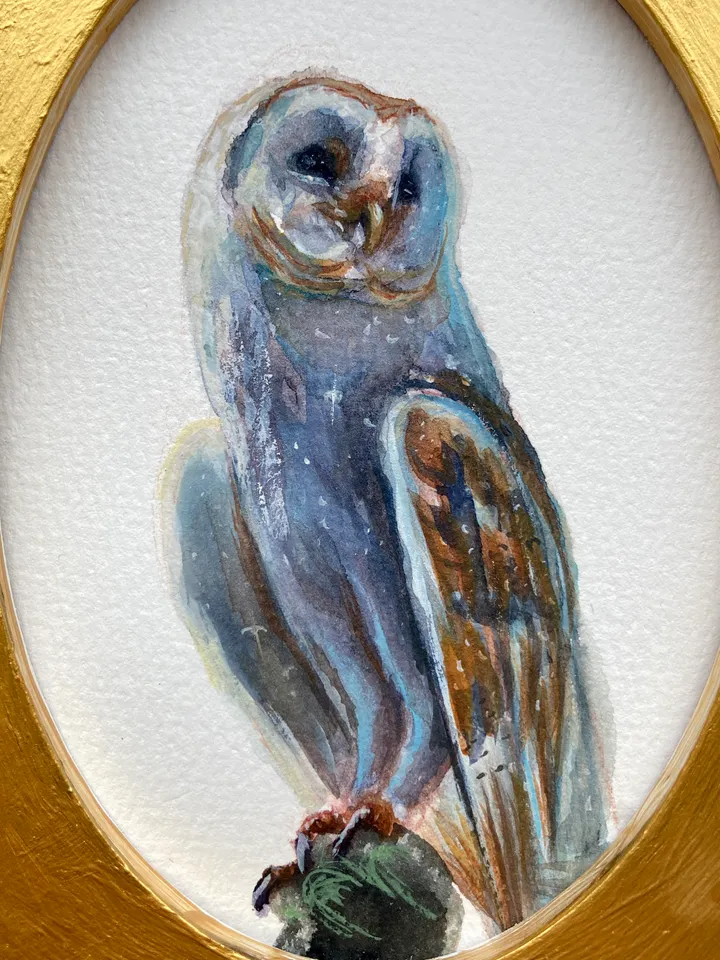 Owl Watercolor Painting Original In Oval Gold Frame Small Framed Bird Art Barn Owl