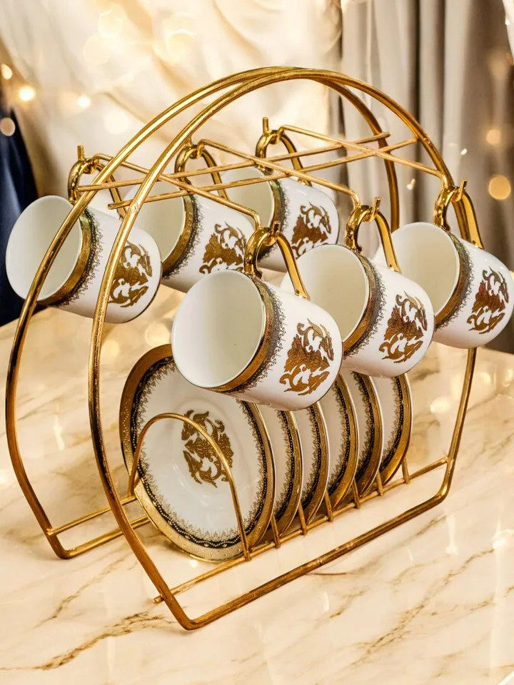 14K Genuine Gold Powder Porcelain Tea Cups And Saucers | Tea Cups Saucers Set | Gold Porcelain Set | Elegant Teaware | Gift For Tea Lovers