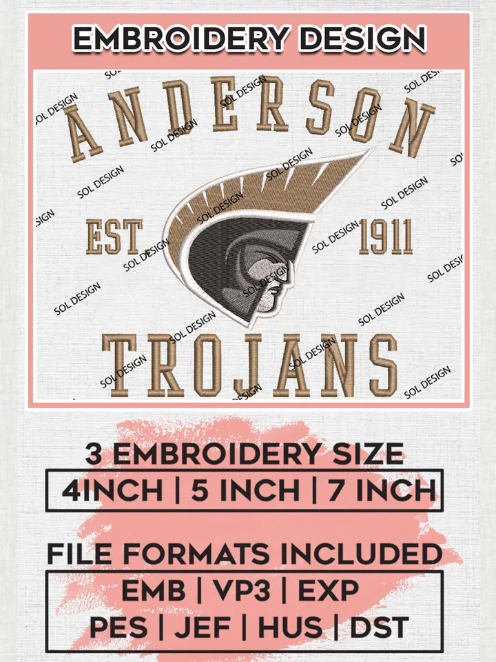 Anderson Trojans College Team Est 1911 Logo Embroidery Design Files, NCAA Anderson Trojans Machine Embroidery, NCAA Teams, 3 sizes, NCAA Machine embroidery designs, Digital Download