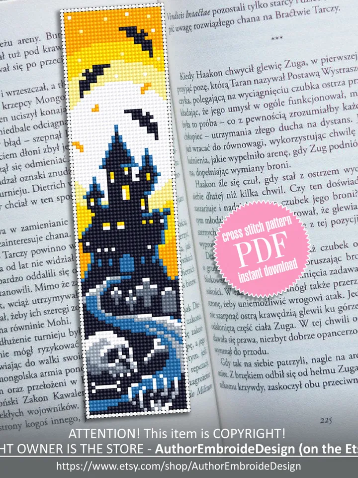 Halloween bookmark cross stitch pattern PDF download Spooky Haunted house cross stitch chart, Handmade bookmark pattern digital PDF #B43