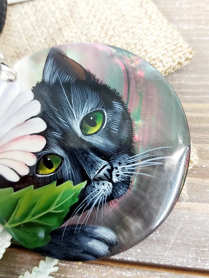 Pearl pendant necklace: Curious Black Cat under white blossom • Handmade jewelry with cute kitten • Rare cute animal pendant made from shell