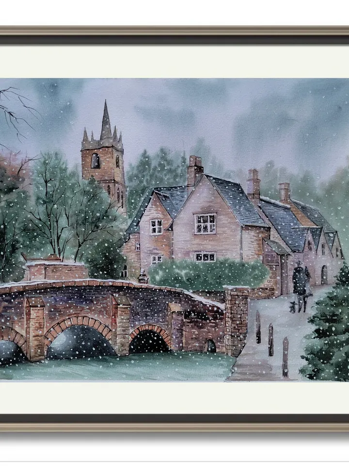 Winter Landscape Painting Original Watercolor Artwork Castle Combe Village Art 11.81x15.75 in by Art Café