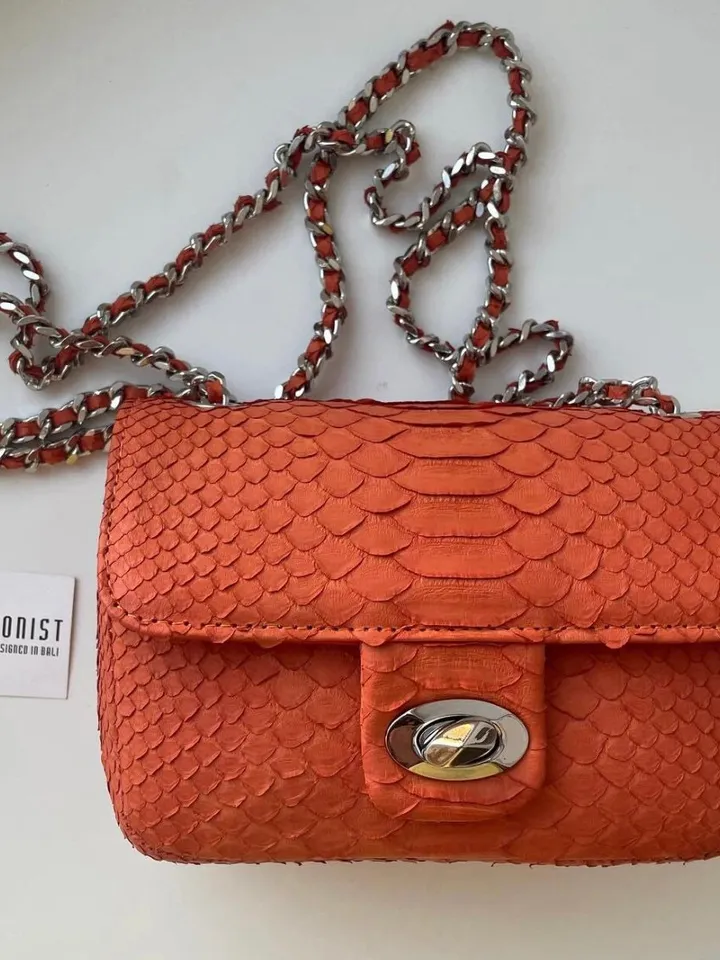 Genuine Python Skin orange mini summer small bag| Adjustable Chain Classy Elegant Bright Crossbody Lady Summer Purse | Gift for her