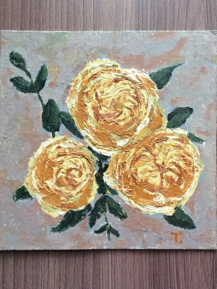 "Yellow Roses" oil small impasto painting flower stilllife original wall art picture artwork floral