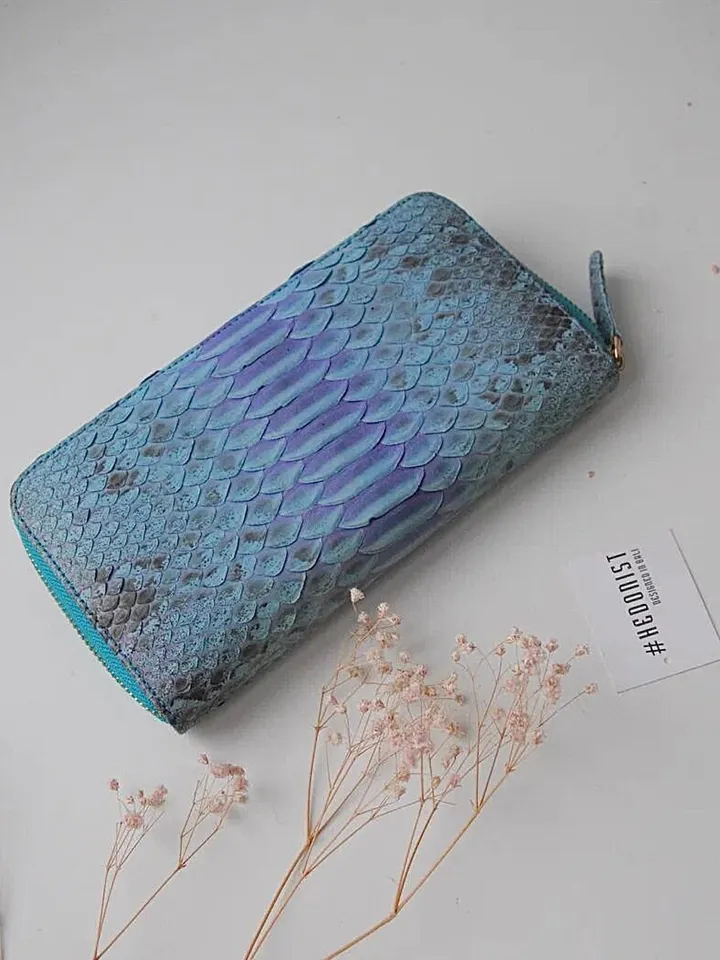 Genuine python skin wallet light blue classical, woman wallet men wallet, unisex wallet leather pythonskin,design wallet handmade