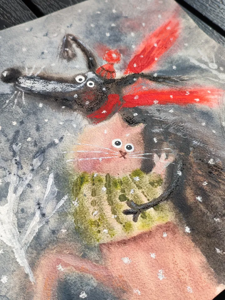 27×27cm Artwork by Julia Schigal "Winter Love" - watercolor, gouache, pastel