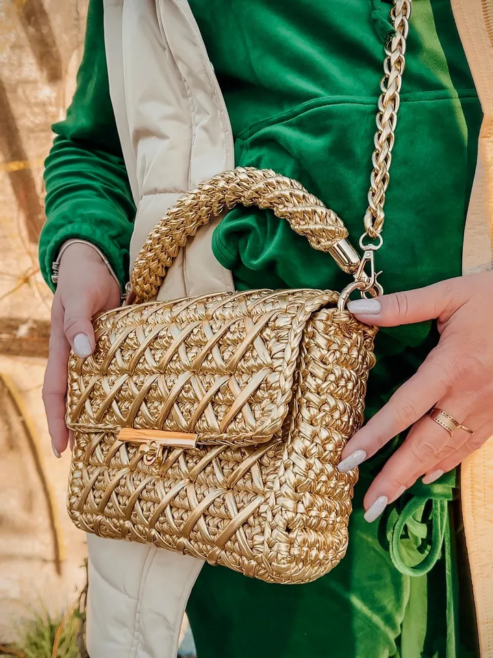 Gold women handbag, vegan crossbody, top handle, small purse, crochet clutch, shoulder bag, luxury bag