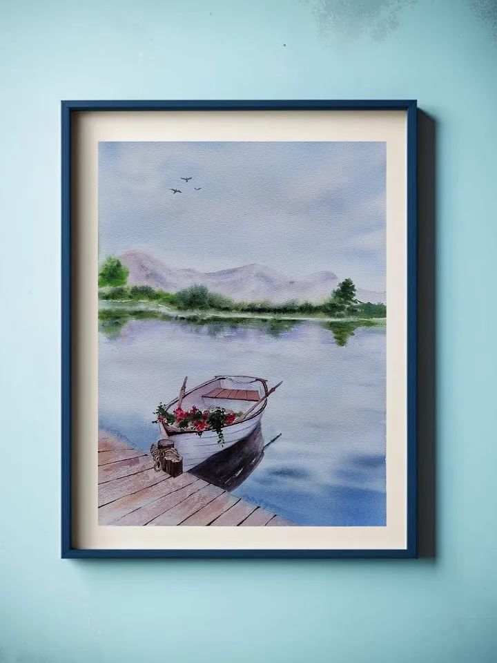 Original Watercolor Painting Water Landscape Art White Boat Artwork 30x40 cm by SoftWaves